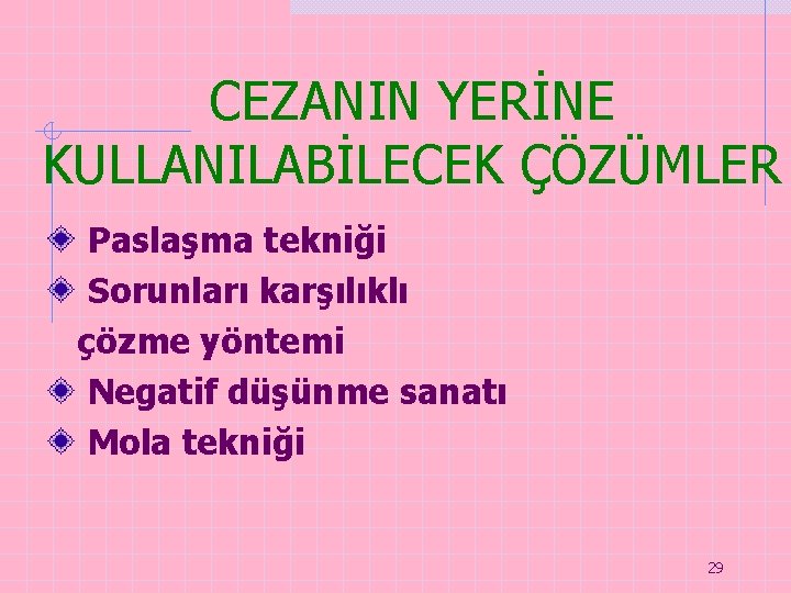 CEZANIN YERİNE KULLANILABİLECEK ÇÖZÜMLER Paslaşma tekniği Sorunları karşılıklı çözme yöntemi Negatif düşünme sanatı Mola