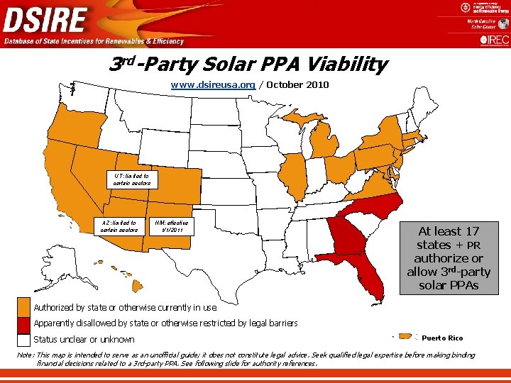 3 rd-Party Solar PPA Viability www. dsireusa. org / October 2010 UT: limited to