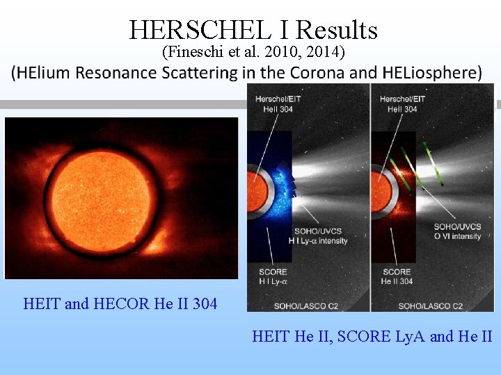 HERSCHEL I Results (Fineschi et al. 2010, 2014) HEIT and HECOR He II 304