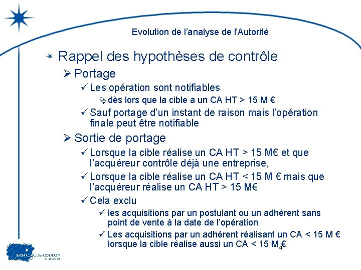 Evolution de l’analyse de l’Autorité Rappel des hypothèses de contrôle Ø Portage ü Les