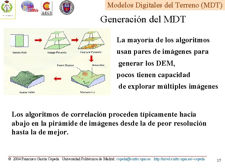 Modelos Digitales del Terreno (MDT) Generación del MDT La mayoría de los algoritmos usan