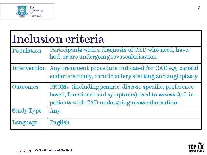 7 Inclusion criteria Population Participants with a diagnosis of CAD who need, have had,