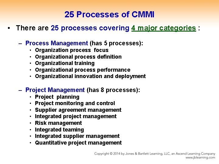 25 Processes of CMMI • There are 25 processes covering 4 major categories :