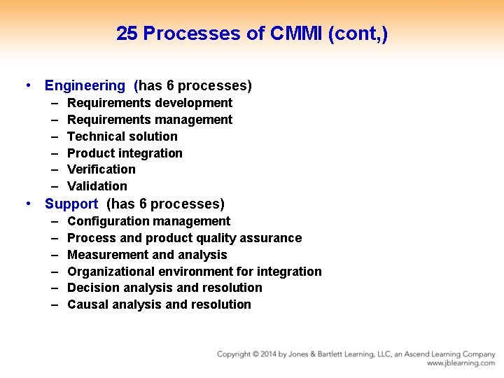 25 Processes of CMMI (cont, ) • Engineering (has 6 processes) – – –