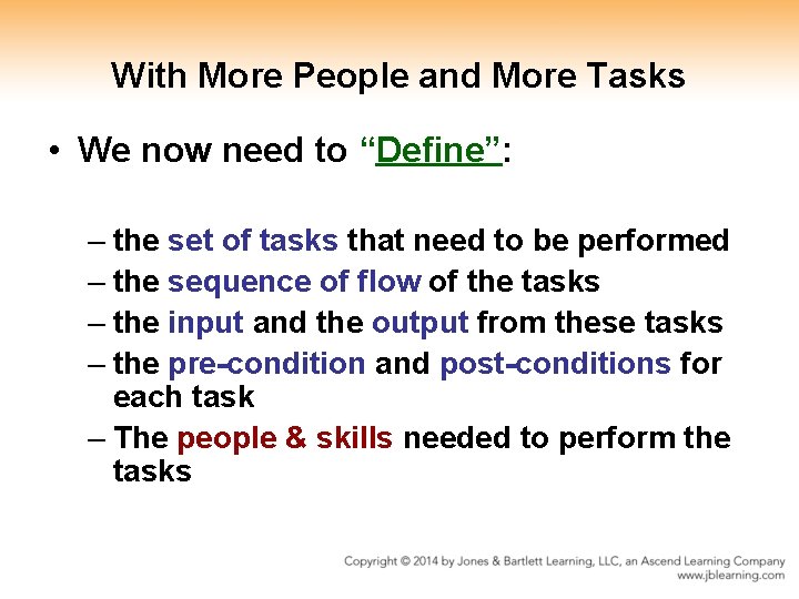 With More People and More Tasks • We now need to “Define”: – the
