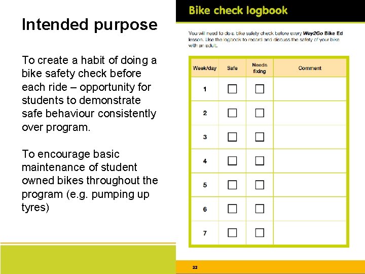Intended purpose To create a habit of doing a bike safety check before each Intended purpose To create a habit of doing a bike safety check before each