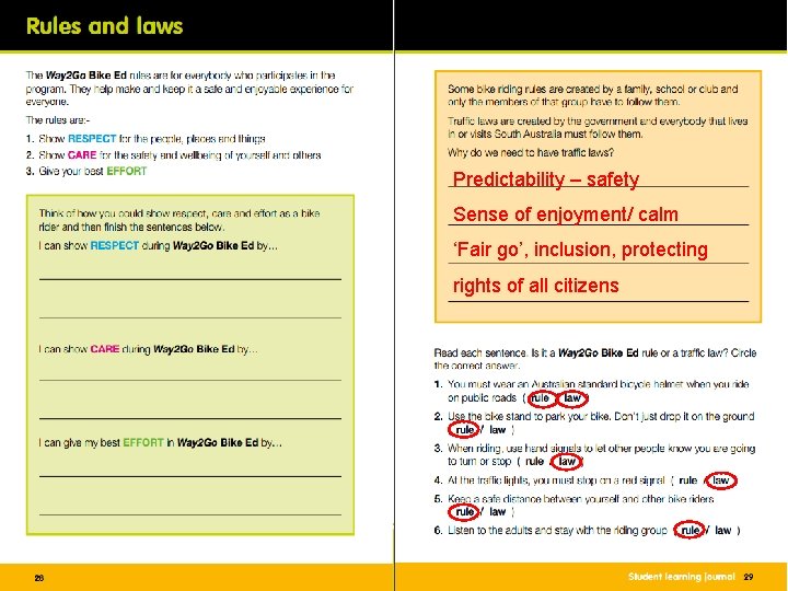 Predictability – safety Sense of enjoyment/ calm ‘Fair go’, inclusion, protecting rights of all Predictability – safety Sense of enjoyment/ calm ‘Fair go’, inclusion, protecting rights of all