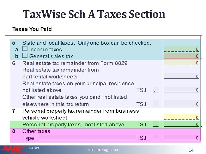 Tax. Wise Sch A Taxes Section TAX-AIDE NTTC Training – 2013 14 