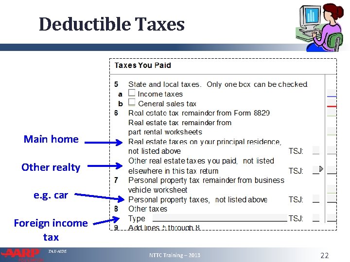 Deductible Taxes Main home Other realty e. g. car Foreign income tax TAX-AIDE NTTC