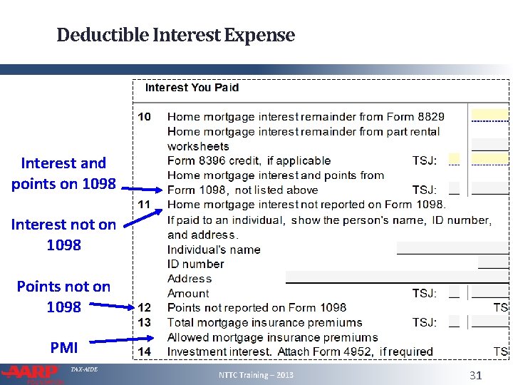 Deductible Interest Expense Interest and points on 1098 Interest not on 1098 Points not