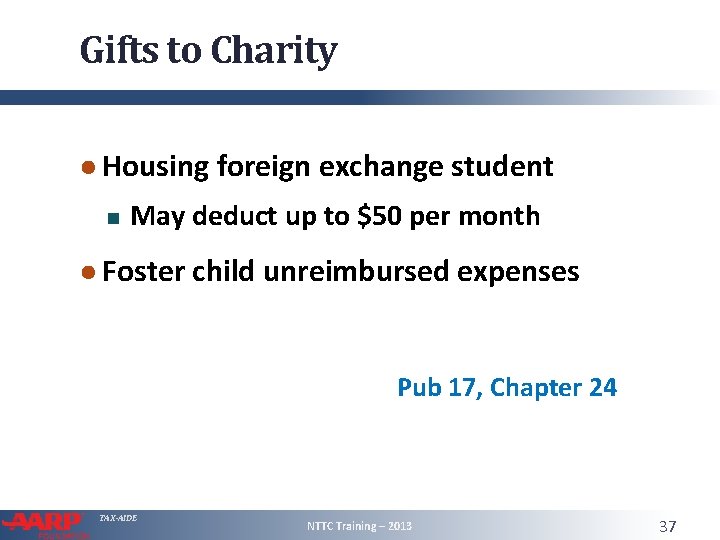 Gifts to Charity ● Housing foreign exchange student May deduct up to $50 per