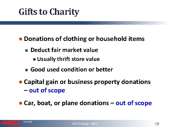 Gifts to Charity ● Donations of clothing or household items Deduct fair market value