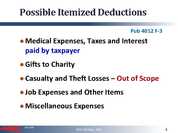 Possible Itemized Deductions Pub 4012 F-3 ● Medical Expenses, Taxes and Interest paid by