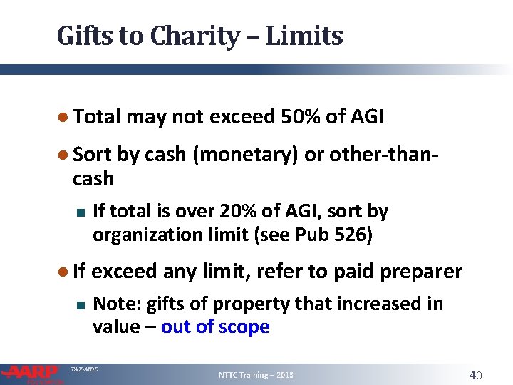 Gifts to Charity – Limits ● Total may not exceed 50% of AGI ●