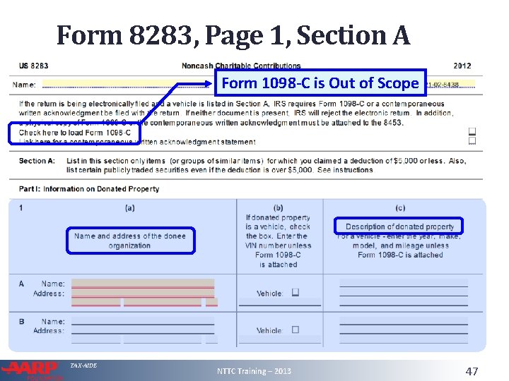 Form 8283, Page 1, Section A Form 1098 -C is Out of Scope TAX-AIDE