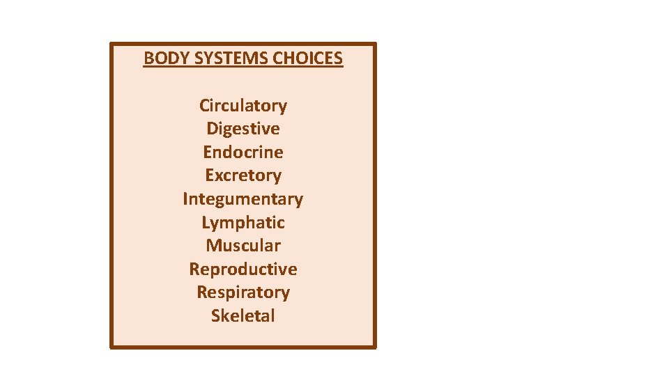 BODY SYSTEMS CHOICES Circulatory Digestive Endocrine Excretory Integumentary Lymphatic Muscular Reproductive Respiratory Skeletal 