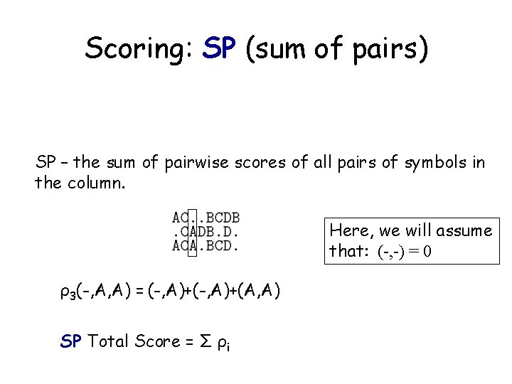 Scoring: SP (sum of pairs) SP – the sum of pairwise scores of all