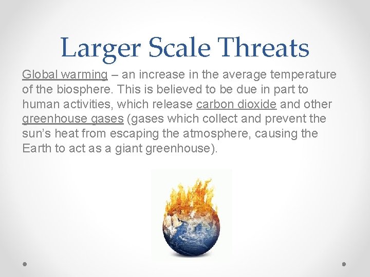 Larger Scale Threats Global warming – an increase in the average temperature of the