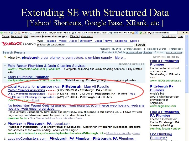 Extending SE with Structured Data [Yahoo! Shortcuts, Google Base, XRank, etc. ] 