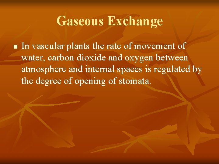 Gaseous Exchange n In vascular plants the rate of movement of water, carbon dioxide