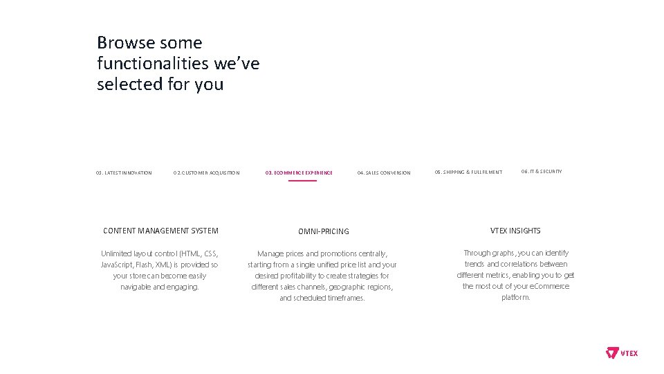 Browse some functionalities we’ve selected for you 01. LATEST INNOVATION 02. CUSTOMER ACQUISITION 03.