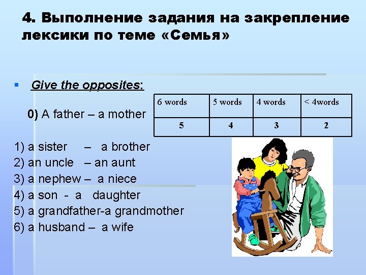 4. Выполнение задания на закрепление лексики по теме «Семья» § Give the opposites: 0)