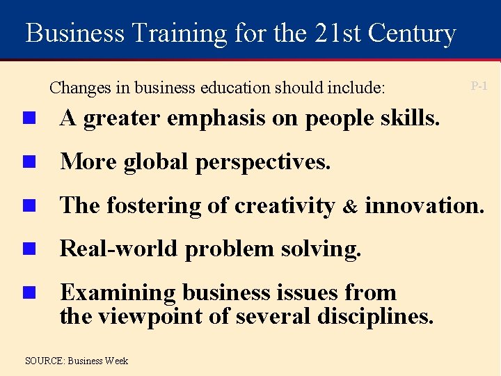 Business Training for the 21 st Century Changes in business education should include: P-1