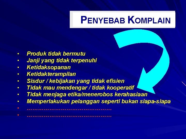 PENYEBAB KOMPLAIN • • • Produk tidak bermutu Janji yang tidak terpenuhi Ketidaksopanan Ketidakterampilan