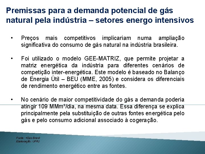 Premissas para a demanda potencial de gás natural pela indústria – setores energo intensivos