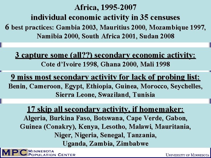 Africa, 1995 -2007 individual economic activity in 35 censuses 6 best practices: Gambia 2003,