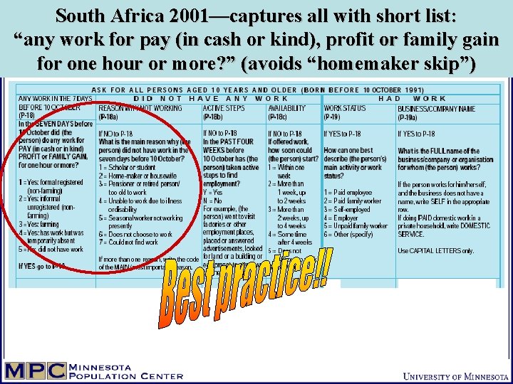 South Africa 2001—captures all with short list: “any work for pay (in cash or