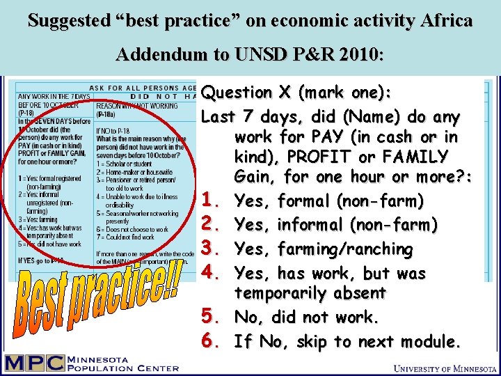 Suggested “best practice” on economic activity Africa Addendum to UNSD P&R 2010: Question X