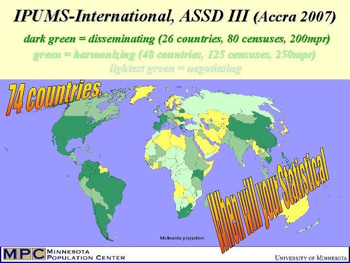 IPUMS-International, ASSD III (Accra 2007) dark green = disseminating (26 countries, 80 censuses, 200