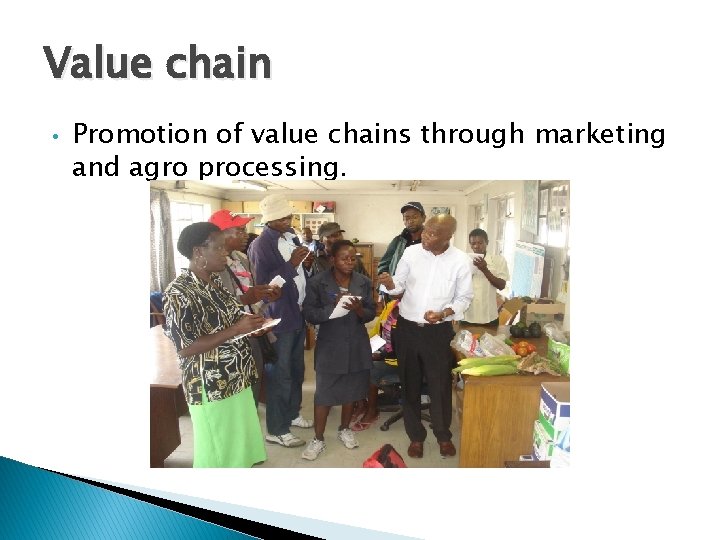Value chain • Promotion of value chains through marketing and agro processing. 
