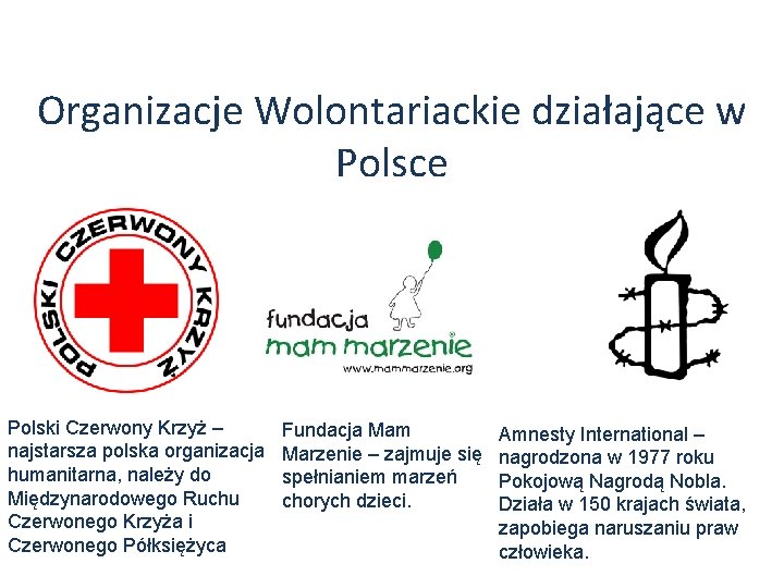 Organizacje Wolontariackie działające w Polsce Polski Czerwony Krzyż – najstarsza polska organizacja humanitarna, należy