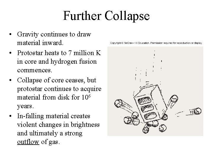 Further Collapse • Gravity continues to draw material inward. • Protostar heats to 7