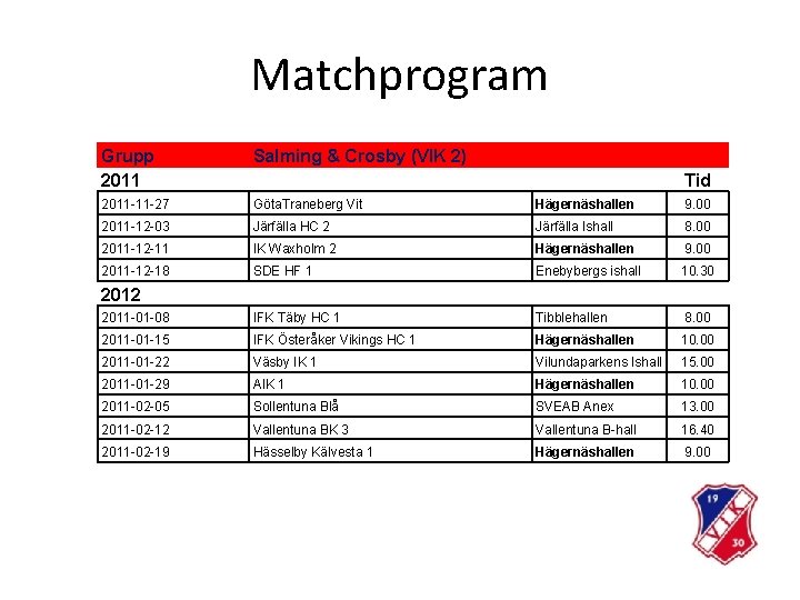 Matchprogram Grupp 2011 Salming & Crosby (VIK 2) 2011 -11 -27 Göta. Traneberg Vit