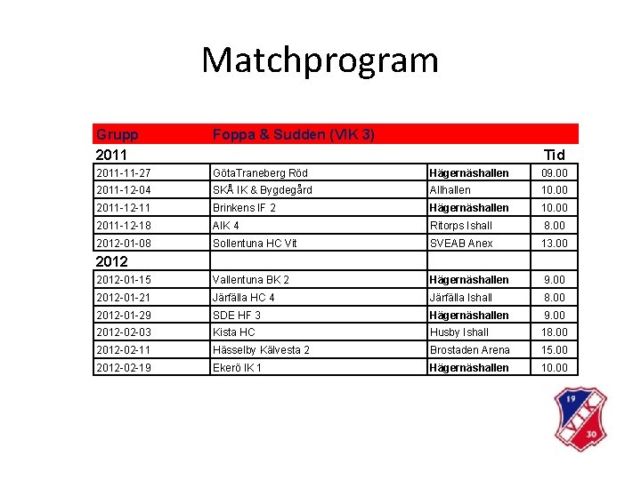 Matchprogram Grupp 2011 Foppa & Sudden (VIK 3) 2011 -11 -27 Göta. Traneberg Röd