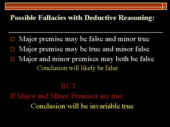 Possible Fallacies with Deductive Reasoning: o o o Major premise may be false and