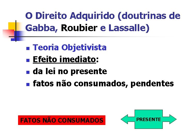 O Direito Adquirido (doutrinas de Gabba, Roubier e Lassalle) n n Teoria Objetivista Efeito