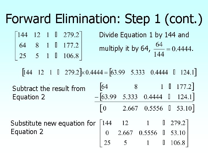 Forward Elimination: Step 1 (cont. ) Divide Equation 1 by 144 and multiply it