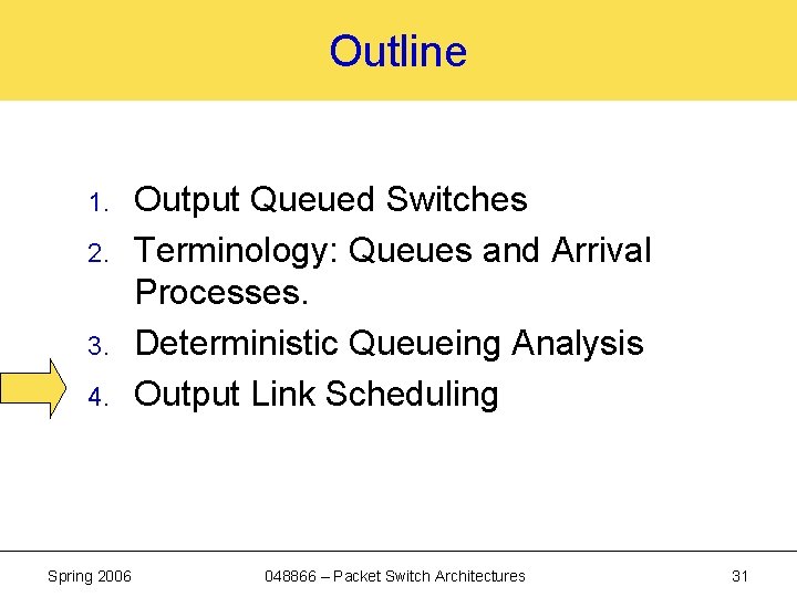 Outline 1. 2. 3. 4. Spring 2006 Output Queued Switches Terminology: Queues and Arrival