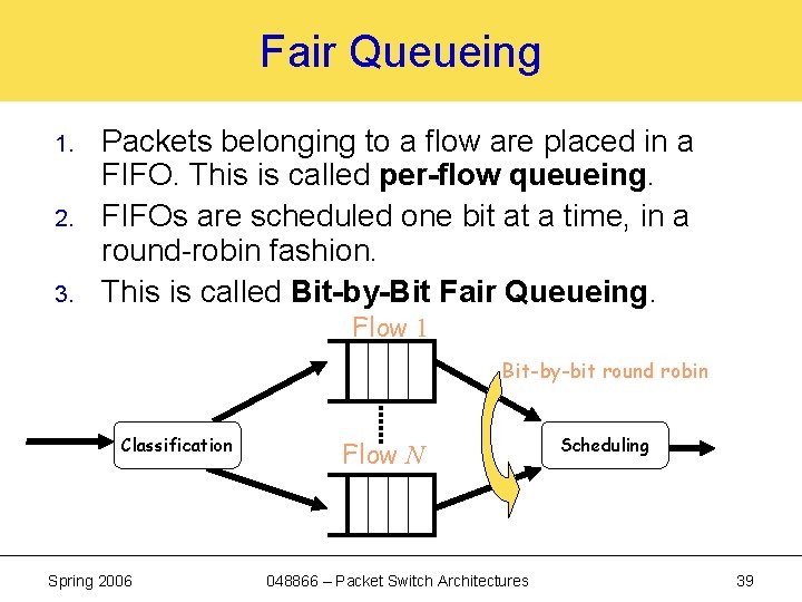 Fair Queueing 1. 2. 3. Packets belonging to a flow are placed in a