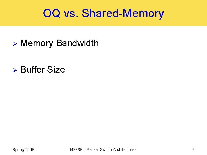 OQ vs. Shared-Memory Ø Memory Bandwidth Ø Buffer Size Spring 2006 048866 – Packet