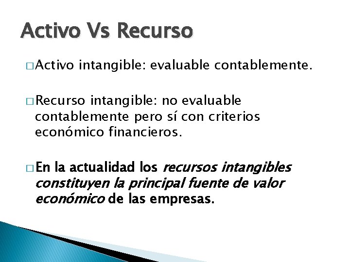 Activo Vs Recurso � Activo intangible: evaluable contablemente. � Recurso intangible: no evaluable contablemente