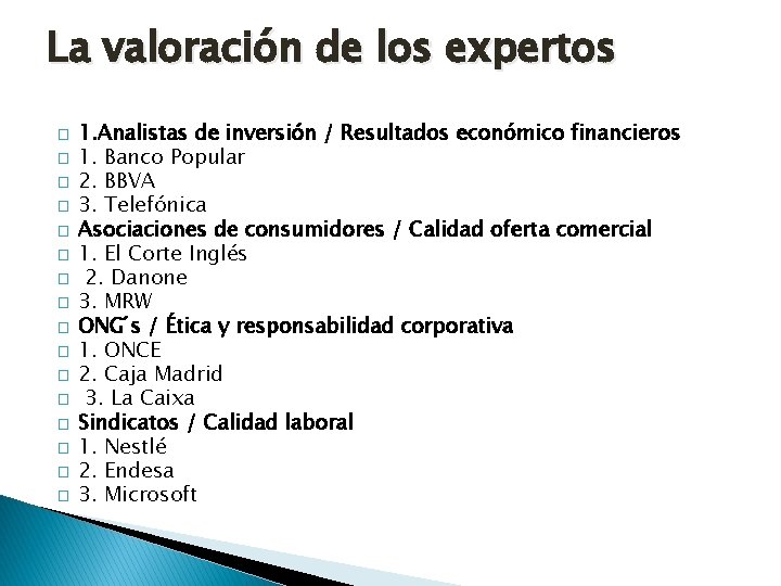 La valoración de los expertos � � � � 1. Analistas de inversión /