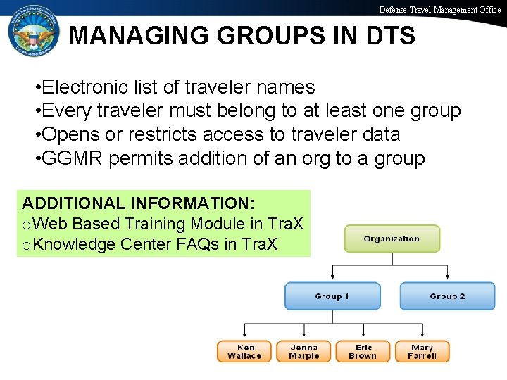 Defense Travel Management Office MANAGING GROUPS IN DTS • Electronic list of traveler names
