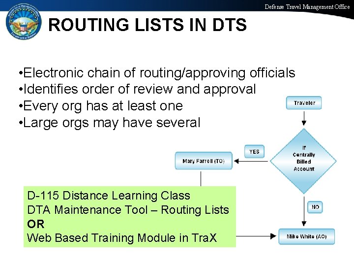 Defense Travel Management Office ROUTING LISTS IN DTS • Electronic chain of routing/approving officials