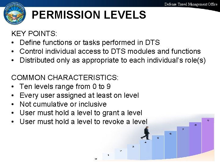 Defense Travel Management Office PERMISSION LEVELS KEY POINTS: • Define functions or tasks performed