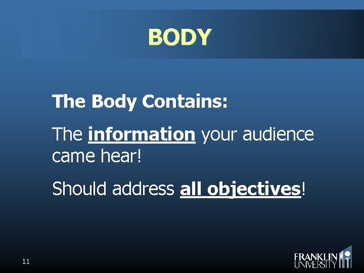 BODY The Body Contains: The information your audience came hear! Should address all objectives!